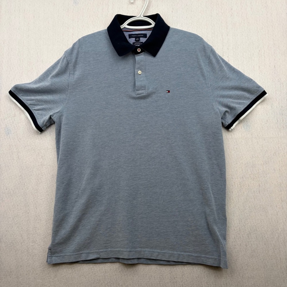 Tommy Hilfiger Mens Custom Fit Polo Shirt Light Blue Navy Tipped XL Short Sleeve